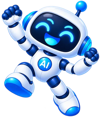 Flago, a small white-and-navy robot with a glowing cyan visor, antenna and side headphones, cheering