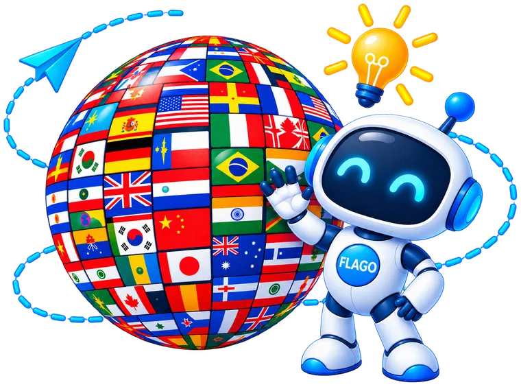 Flago, a friendly white-and-navy robot with a glowing cyan visor, waving beside a globe made of world flags
